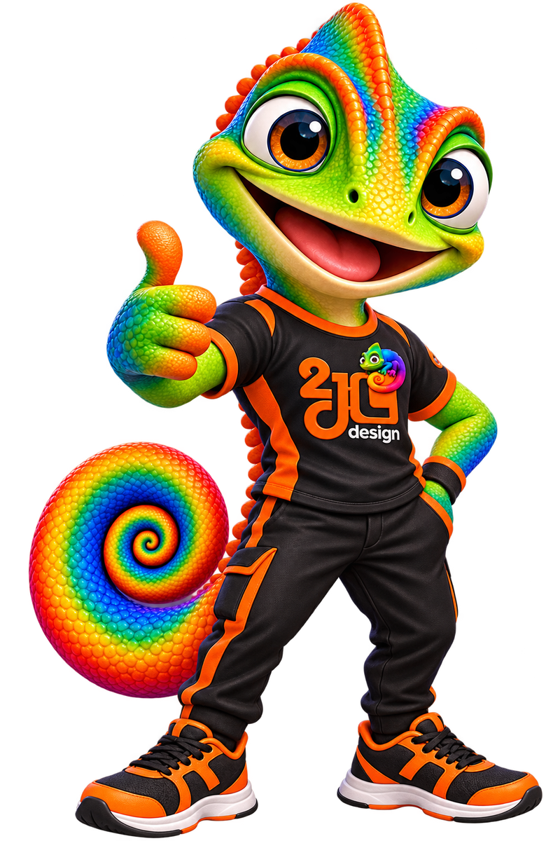 Camaleão da 2JL design com uniforme preto e laranja, de corpo inteiro