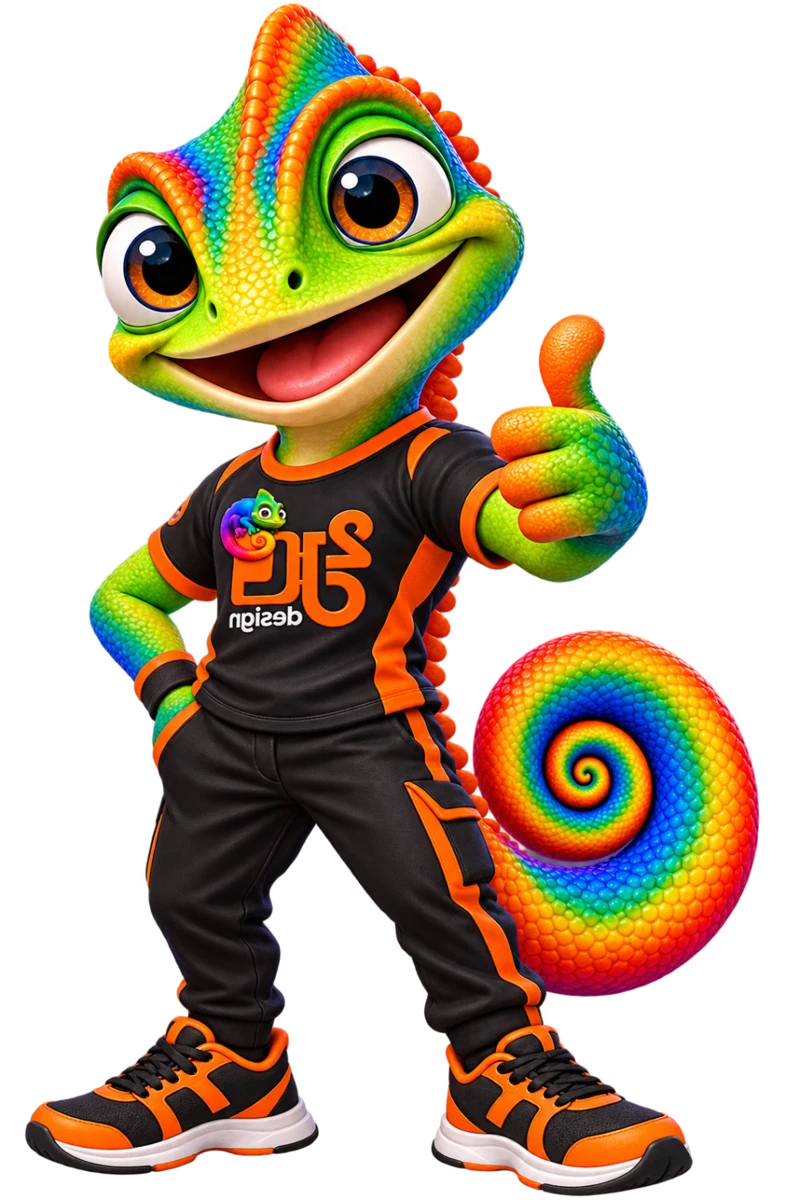 Camaleão colorido, mascote da 2JL design, de corpo inteiro